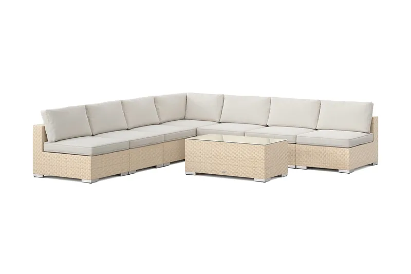 Bahamas utomhus hörnsoffa 7-sits vändbar med öppet avslut och bord, Sand