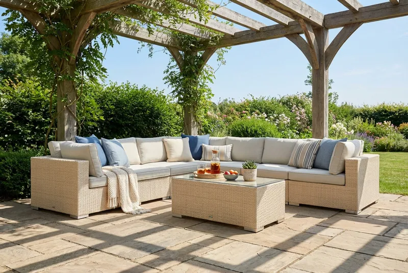 Bahamas utomhus hörnsoffa 7-sits vändbar med bord - Beige - Utemöbler & utemiljö - Loungemöbler - Loungeset & loungegrupp