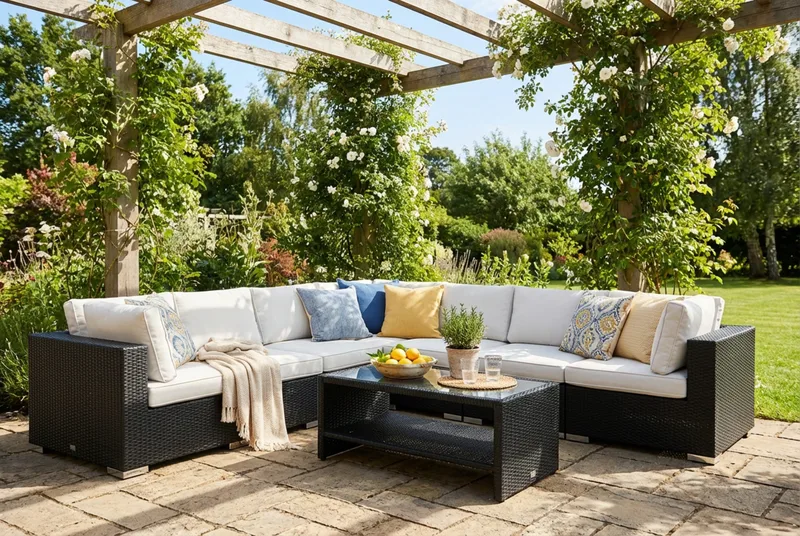 Bahamas utomhus hörnsoffa 7-sits vändbar och bord med hylla - Svart - Utemöbler & utemiljö - Loungemöbler - Loungeset & loungegrupp