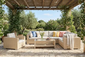 Bahamas utomhus L-soffa vänster 7-sits med fåtölj och bord med hylla - Beige - Utemöbler & utemiljö - Loungemöbler - Loungeset & loungegrupp