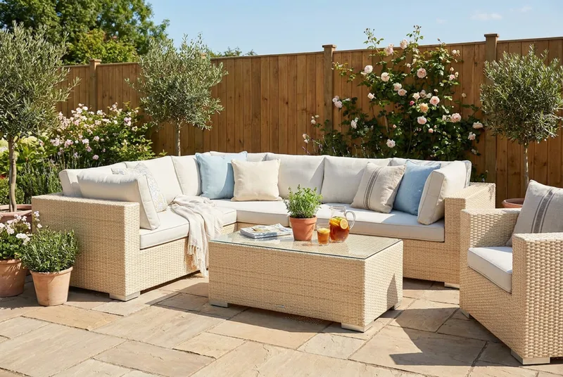 Bahamas utomhus L-soffa vänster 7-sits med fåtölj och bord med hylla - Beige - Utemöbler & utemiljö - Loungemöbler - Loungeset & loungegrupp
