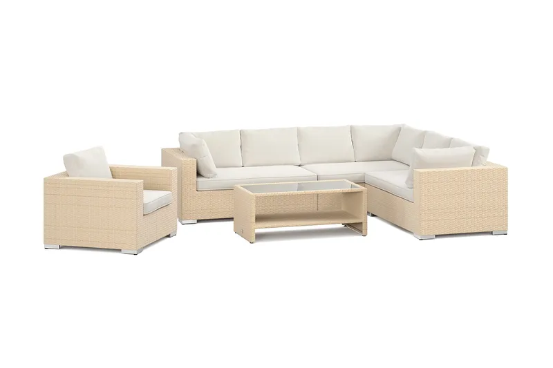 Bahamas utomhus L-soffa vänster 7-sits med fåtölj och bord med hylla, Sand