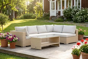 Bahamas utomhus loungegrupp 5-sits med vändbar schäslong och bord med hylla - Beige - Utemöbler & utemiljö - Loungemöbler - Loungeset & loungegrupp