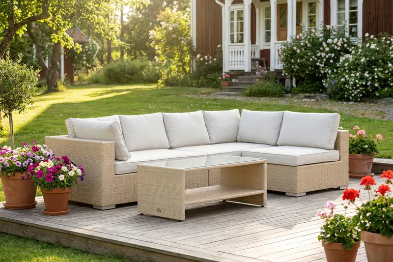 Bahamas utomhus loungegrupp 5-sits med vändbar schäslong och bord med hylla - Beige - Utemöbler & utemiljö - Loungemöbler - Loungeset & loungegrupp