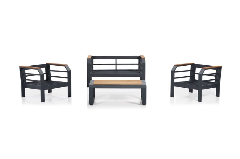 Caféset Lassento 137 cm + 2-sits Utesoffa + 2 Utefåtöljer - Grå/Svart - Utemöbler & utemiljö - Utegrupp - Cafegrupp & cafeset