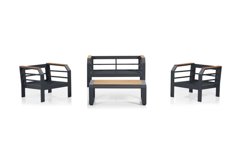 Lassento Caféset 137 cm + 2-sits Utesoffa + 2 Utefåtöljer - Grå/Svart - Utemöbler & utemiljö - Utegrupp - Cafegrupp & cafeset