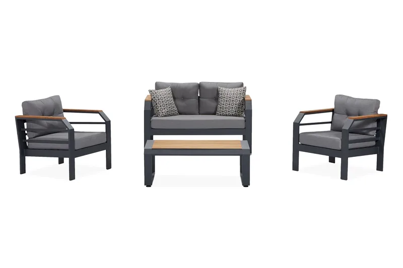 Lassento Caféset 137 cm + 2-sits Utesoffa + 2 Utefåtöljer, Grå/Svart