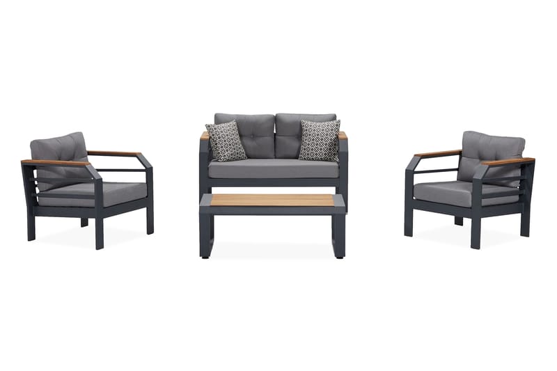 Lassento Caféset 137 cm + 2-sits Utesoffa + 2 Utefåtöljer, Grå/Svart