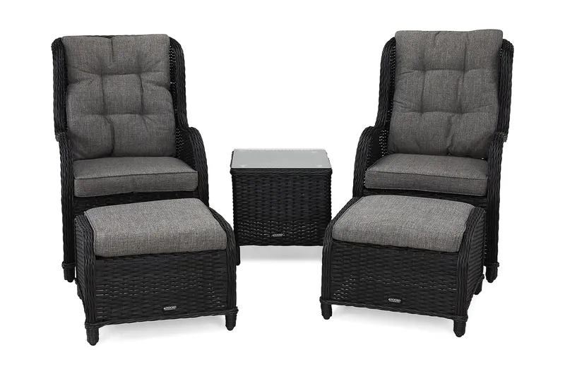 Marcus Caféset med 2 Öronlappsfåtöljer med Fotpall m Dyna - Svart - Utemöbler & utemiljö - Utegrupp - Cafegrupp & cafeset