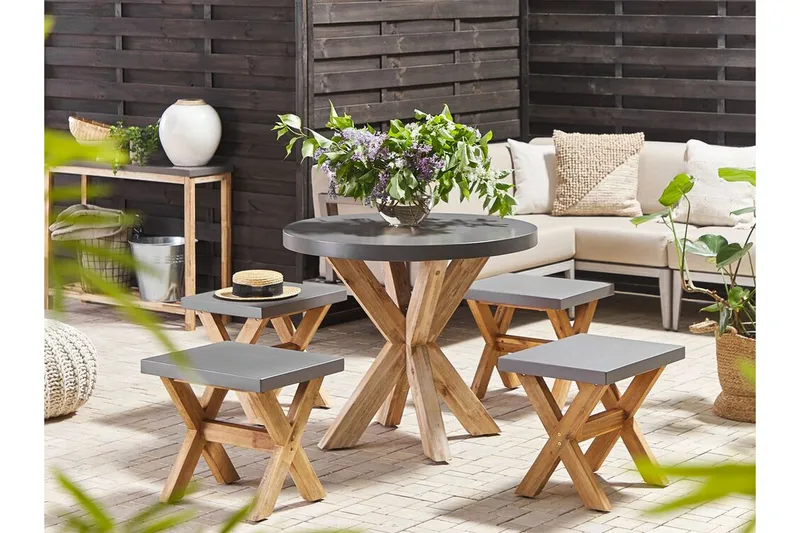 Trädgårdsset av Utebord och 4 pallar¸ 90 cmOLBIA - Grå - Utemöbler & utemiljö - Utegrupp - Cafegrupp & cafeset