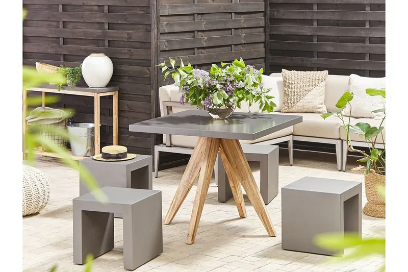 Trädgårdsset av Utebord och 4 pallar 90x90 OLBIA - Grå - Utemöbler & utemiljö - Utegrupp - Cafegrupp & cafeset