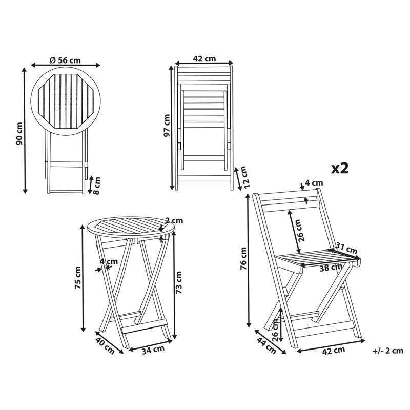 Caféset utomhus Fällbar Sacile Akaciaträ - Brun - Utemöbler & utemiljö - Utegrupp - Cafegrupp & cafeset