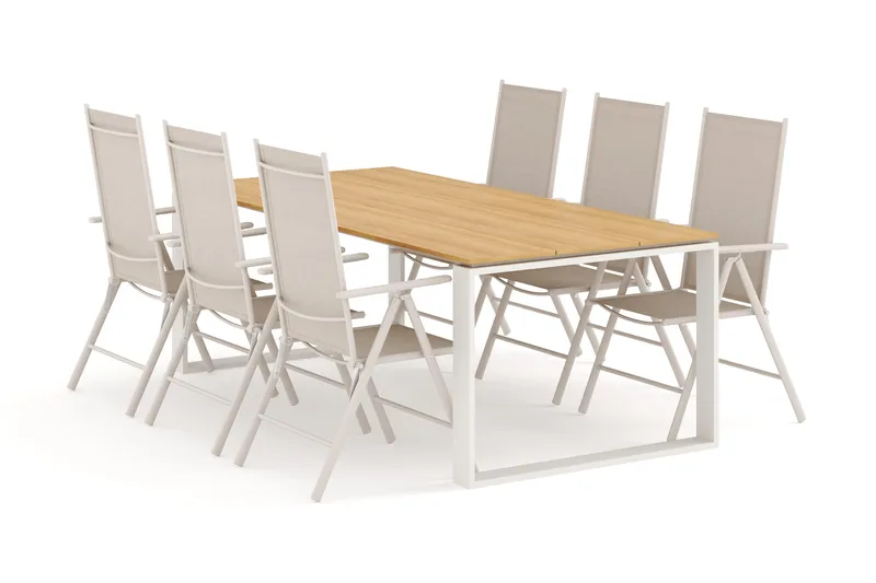 Devon utomhus matgrupp 210x100 cm med 6 Maggie positionsstolar, Beige/Teak
