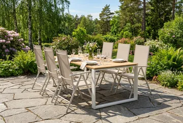 Devon utomhus matgrupp 210x100 cm med 6 Maggie positionsstolar - Beige/Teak - Utemöbler & utemiljö - Utegrupp - Matgrupp utomhus