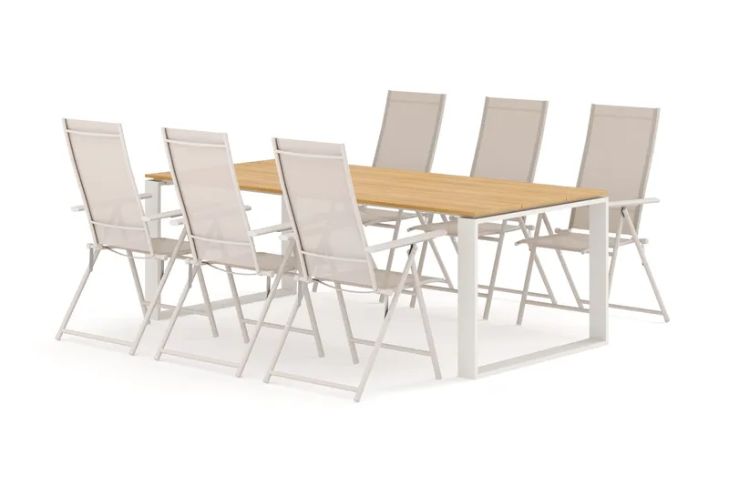 Devon utomhus matgrupp 210x100 cm med 6 Sanna positionsstolar, Beige/Teak