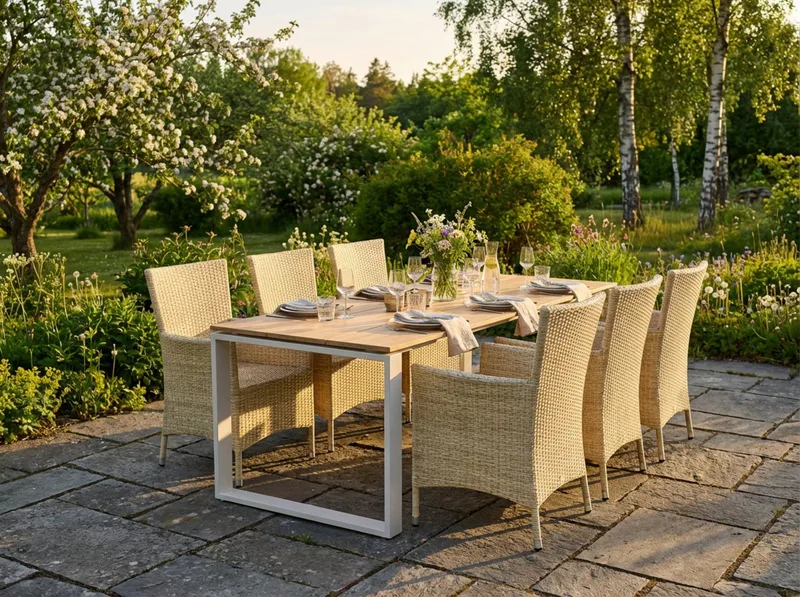 Devon utomhus matgrupp 210x100 cm med 6 Thor fåtöljer - Beige/Teak - Utemöbler & utemiljö - Utegrupp - Matgrupp utomhus
