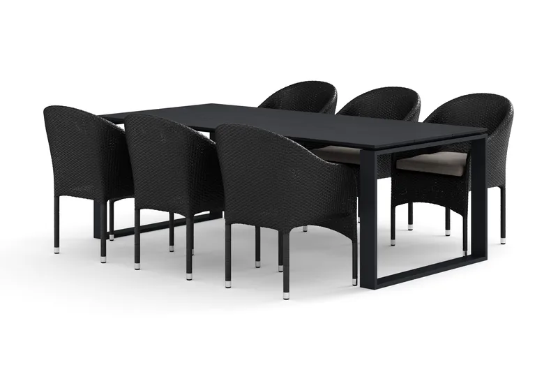 Devon utomhus matgrupp 210x100 cm med 6 Thor fåtöljer, Svart