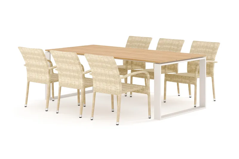 Devon utomhus matgrupp 210x100 cm med 6 Thor Light utefåtöljer, Beige/Teak