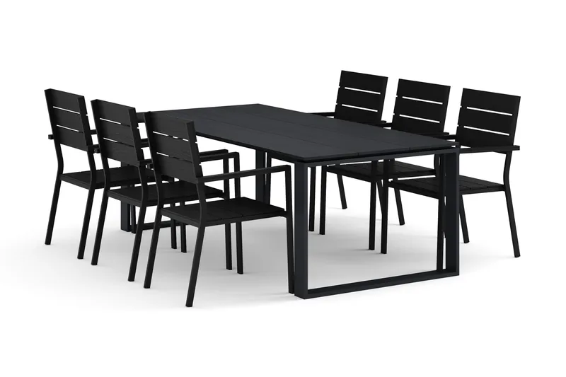 Devon utomhus matgrupp 210x100 cm med 6 Tunis stapelstolar, Svart