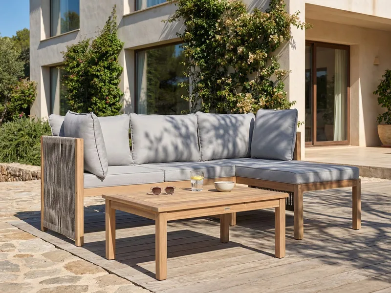 Hörnsoffa utomhus med Bord 3-Sits Arabba Vänstervänd Akaciaträ - Brun/Grå - Utemöbler & utemiljö - Utegrupp - Soffgrupp utomhus