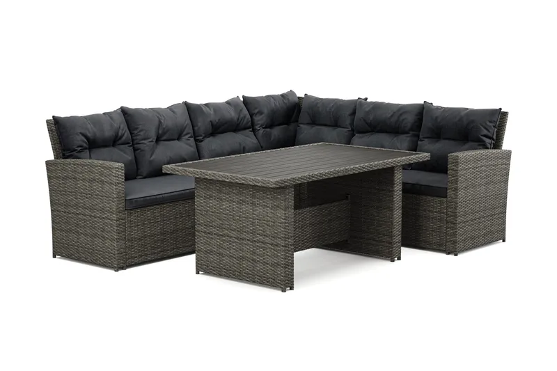 James 5-sits Högervänd Loungegrupp Utomhus – Soffgrupp med grå dynor och bord i konstrotting - Mörkgrå/Svart/Brun - Utemöbler & utemiljö - Utegrupp - Soffgrupp utomhus