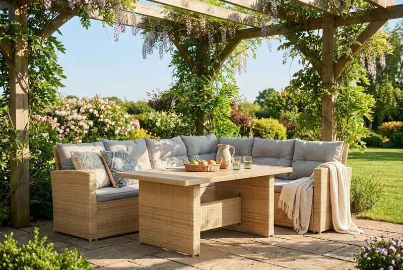 James 5-sits Högervänd Loungegrupp Utomhus – Soffgrupp med ljusgrå dynor och bord i konstrotting - Ljusgrå / Beige - Utemöbler & utemiljö - Utegrupp - Soffgrupp utomhus