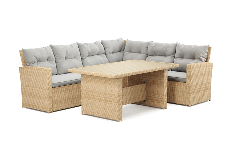 James 5-sits Högervänd Loungegrupp Utomhus – Soffgrupp med ljusgrå dynor och bord i konstrotting - Ljusgrå / Beige - Utemöbler & utemiljö - Utegrupp - Soffgrupp utomhus