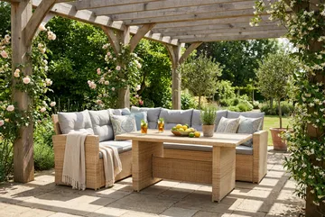 James 5-sits Vänstervänd Loungegrupp Utomhus – Soffgrupp med ljusgrå dynor och bord i konstrotting - Ljusgrå / Beige - Utemöbler & utemiljö - Utegrupp - Soffgrupp utomhus