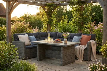 James 5-sits Vänstervänd Loungegrupp Utomhus – Soffgrupp med mörgrå dynor och bord i konstrotting - Grå - Utemöbler & utemiljö - Utegrupp - Soffgrupp utomhus