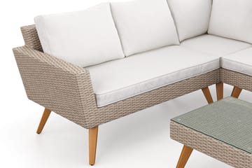 Karlskrona 5-sits Loungegrupp utomhus med vita dynor soffbord i konstrotting med glasskiva - Brun - Utemöbler & utemiljö - Utegrupp - Soffgrupp utomhus