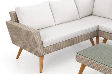 Karlskrona 5-sits Loungegrupp utomhus med vita dynor soffbord i konstrotting med glasskiva - Brun - Utemöbler & utemiljö - Utegrupp - Soffgrupp utomhus