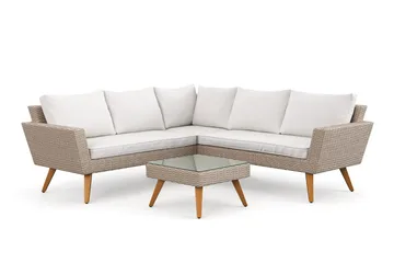 Karlskrona 5-sits Loungegrupp utomhus med vita dynor soffbord i konstrotting med glasskiva - Brun - Utemöbler & utemiljö - Utegrupp - Soffgrupp utomhus