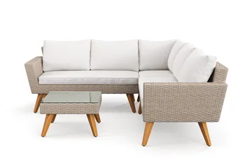 Karlskrona 5-sits Loungegrupp utomhus med vita dynor soffbord i konstrotting med glasskiva - Brun - Utemöbler & utemiljö - Utegrupp - Soffgrupp utomhus