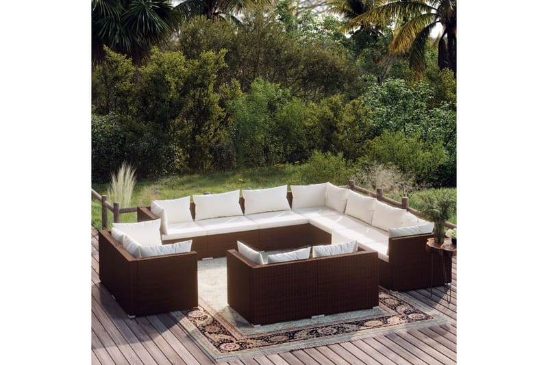 Loungegrupp för trädgården m. dynor 11 delar brun konstrotti - Brun/Vit - Loungeset & loungegrupp - Soffgrupp utomhus