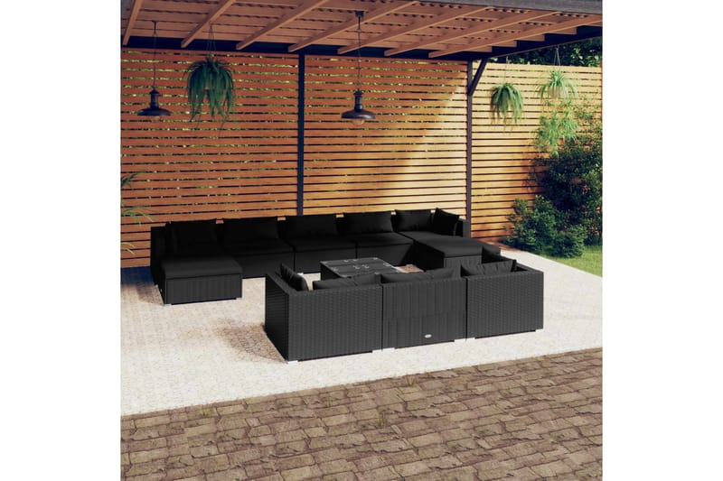 Loungegrupp för trädgården m. dynor 11 delar svart konstrott - Svart - Loungeset & loungegrupp - Soffgrupp utomhus