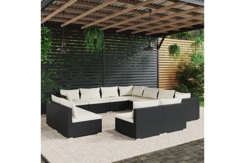 Loungegrupp för trädgården m. dynor 11 delar svart konstrott - Svart/Vit - Loungeset & loungegrupp - Soffgrupp utomhus