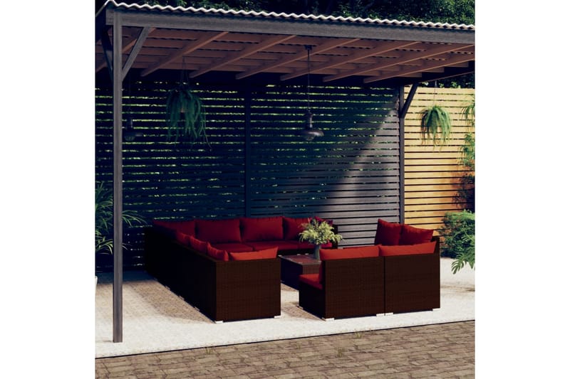 Loungegrupp för trädgården m. dynor 13 delar brun konstrotti - Brun/Röd - Loungeset & loungegrupp - Soffgrupp utomhus