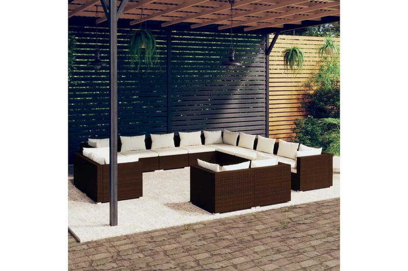 Loungegrupp för trädgården m. dynor 13 delar brun konstrotti - Brun/Vit - Loungeset & loungegrupp - Soffgrupp utomhus