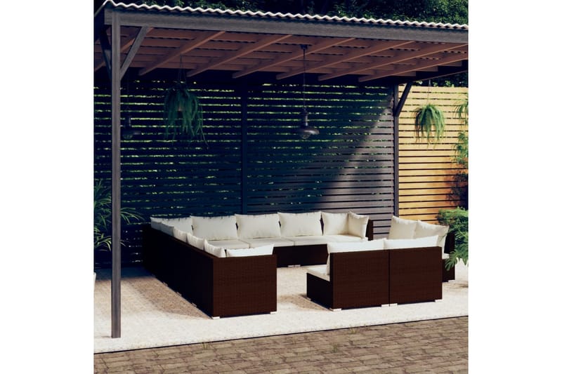 Loungegrupp för trädgården m. dynor 13 delar brun konstrotti - Brun/Vit - Loungeset & loungegrupp - Soffgrupp utomhus