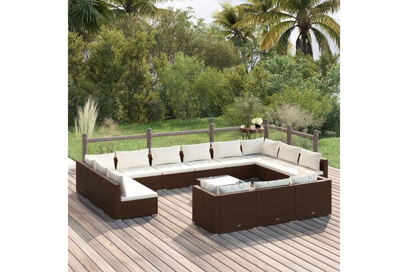 Loungegrupp för trädgården m. dynor 14 delar brun konstrotti - Brun/Vit - Loungeset & loungegrupp - Soffgrupp utomhus