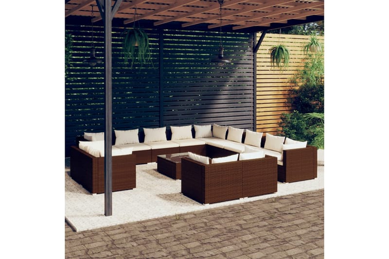 Loungegrupp för trädgården m. dynor 14 delar brun konstrotti - Brun/Vit - Loungeset & loungegrupp - Soffgrupp utomhus