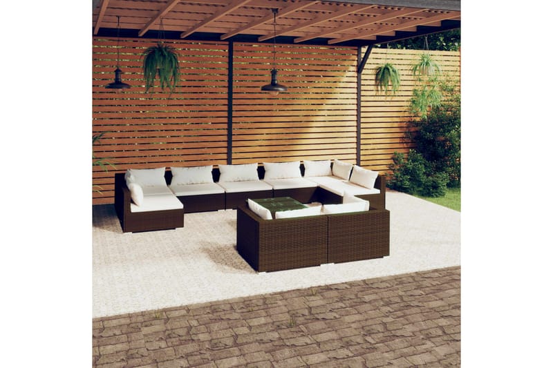 Loungegrupp för trädgården med dynor 10 delar brun konstrott - Brun/Vit - Loungeset & loungegrupp - Soffgrupp utomhus