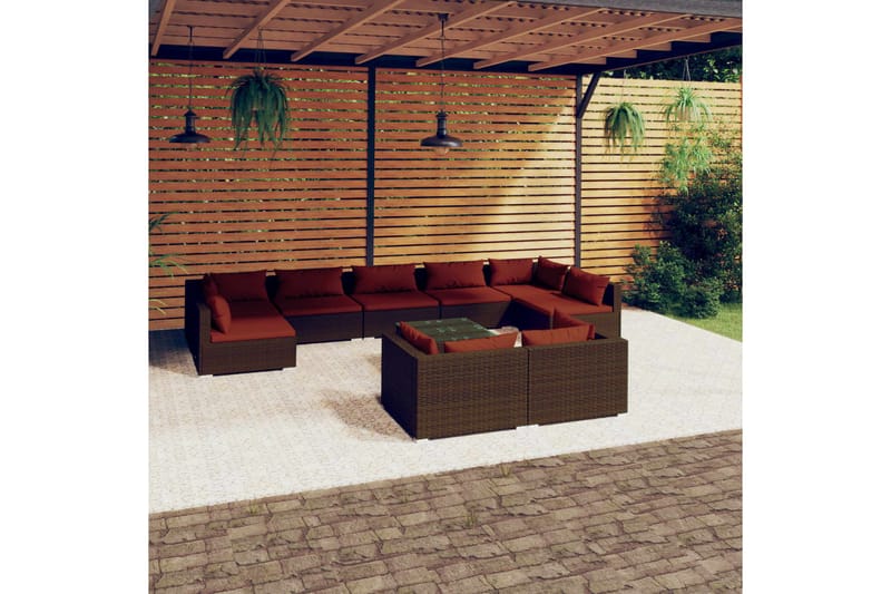 Loungegrupp för trädgården med dynor 10delar brun konstrotti - Brun/Röd - Loungeset & loungegrupp - Soffgrupp utomhus