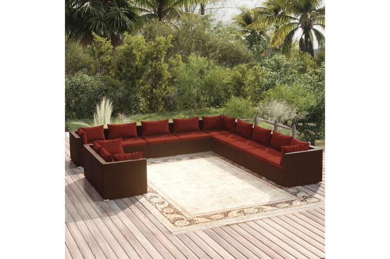 Loungegrupp för trädgården med dynor 11 delar brun konstrott - Brun/Röd - Loungeset & loungegrupp - Soffgrupp utomhus