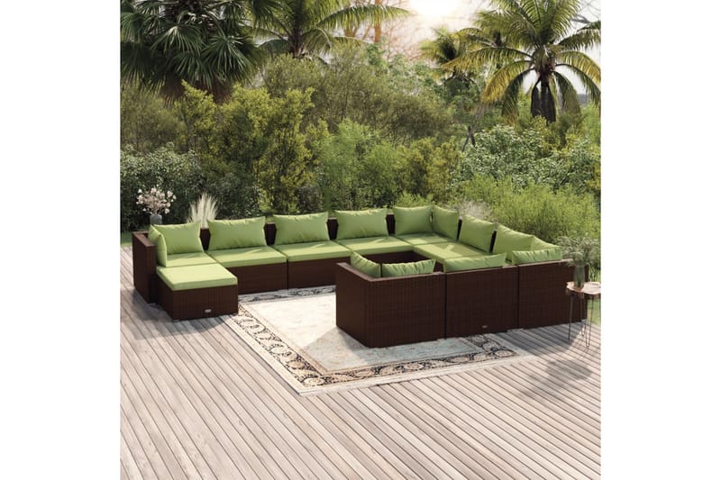 Loungegrupp för trädgården med dynor 11 delar konstrotting b - Brun/Grön - Loungeset & loungegrupp - Soffgrupp utomhus