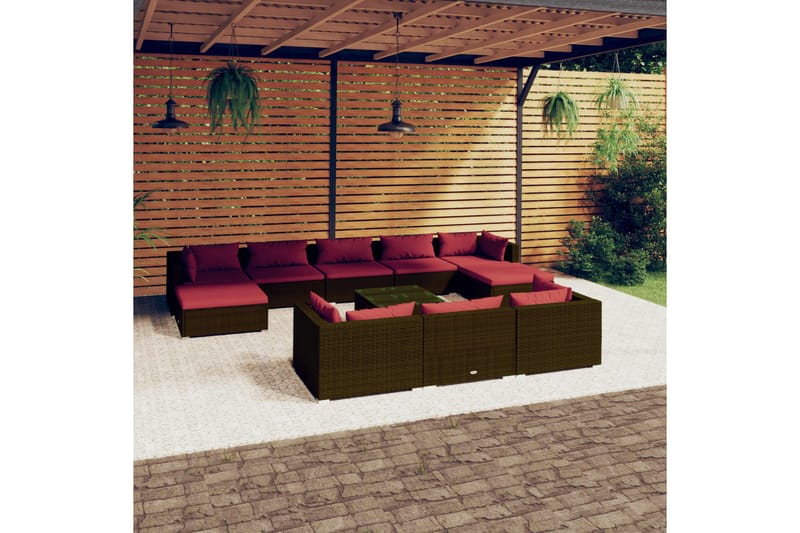 Loungegrupp för trädgården med dynor 11 delar konstrotting b - Brun/Röd - Loungeset & loungegrupp - Soffgrupp utomhus