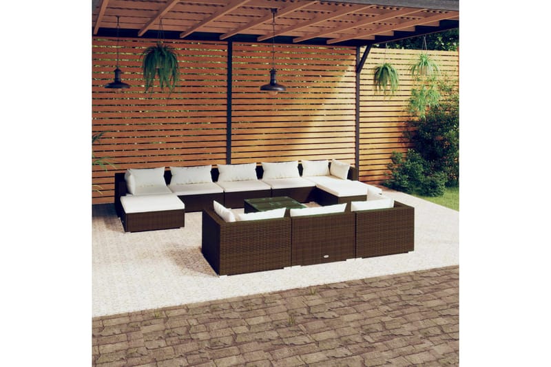 Loungegrupp för trädgården med dynor 11 delar konstrotting b - Brun/Vit - Loungeset & loungegrupp - Soffgrupp utomhus