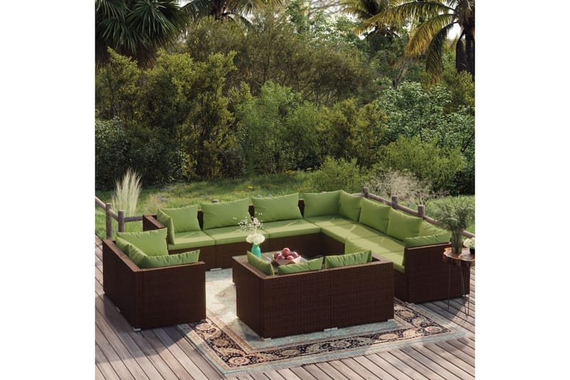 Loungegrupp för trädgården med dynor 12 delar konstrotting b - Brun/Grön - Loungeset & loungegrupp - Soffgrupp utomhus