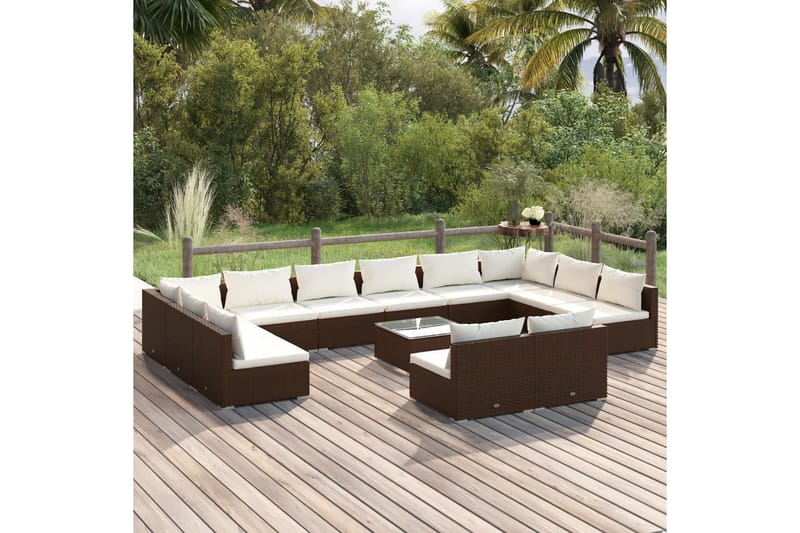 Loungegrupp för trädgården med dynor 13 delar brun konstrott - Brun/Vit - Loungeset & loungegrupp - Soffgrupp utomhus