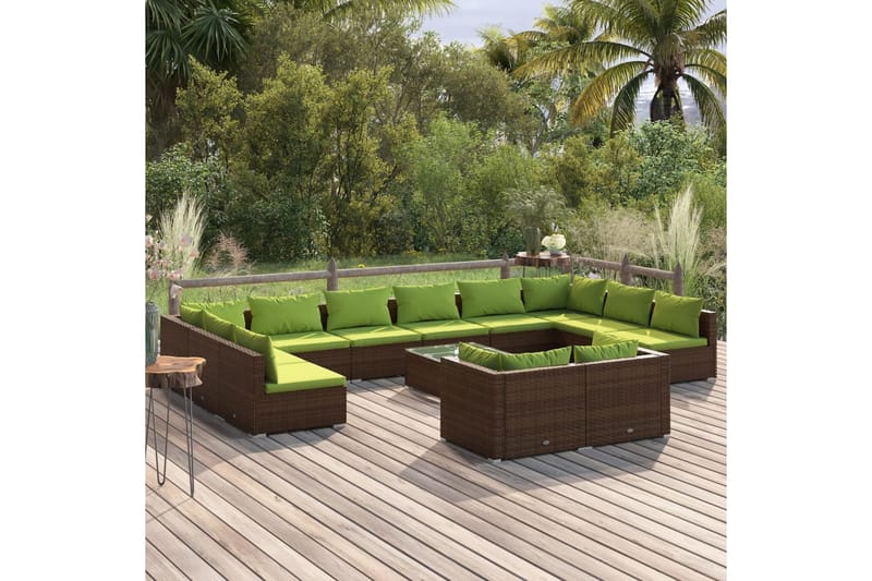 Loungegrupp för trädgården med dynor 13 delar konstrotting b - Brun/Grön - Loungeset & loungegrupp - Soffgrupp utomhus